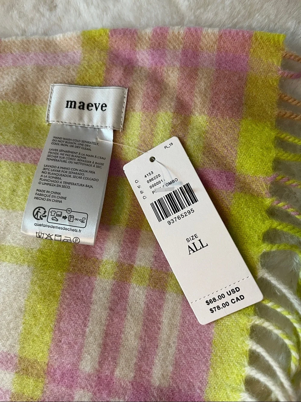 New! Anthropologie Maeve 100% Plaid Wool Cashmere Scarf 65”X13” NWT